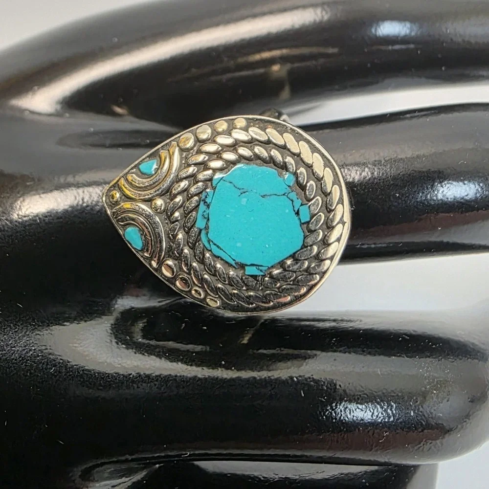 Turquoise Ring Tibetan Handmade Dangle Size 9 Boho Style Southwestern Ethnic New